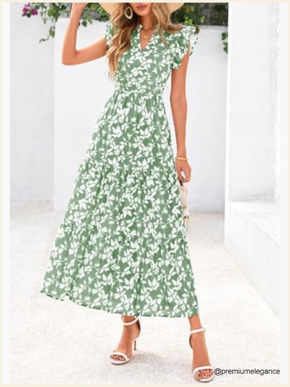 Floral Cap Sleeve Midi Dress V-Neck Ruffle Tiered Boho Summer - Picture 3 of 7